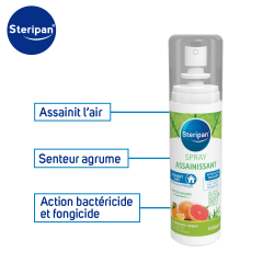 Spray assainissant Steripan assainit l'air, senteur agrume et action bactéricide et fongicide