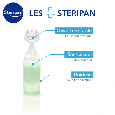 Solution antiseptique unidose Steripan ouverture facile, sans alcool et format unidose