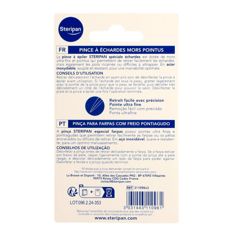 Pince à épiler Steripan spéciale échardes en acier inoxydable avec mors ultra-fins et pointus dos